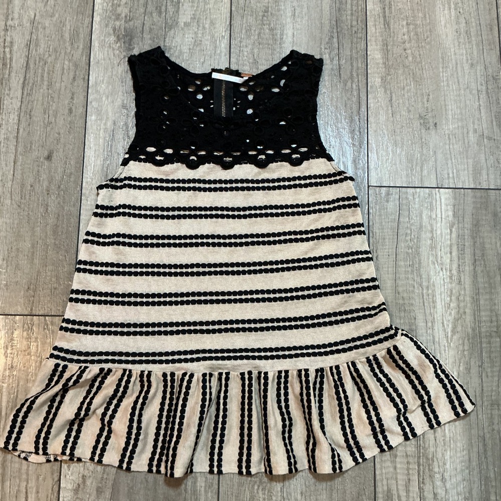 Free People Dress XS Black Lace Sleeveless Striped Ruffle Hem‎ Casual Summer - Picture 2 of 8
